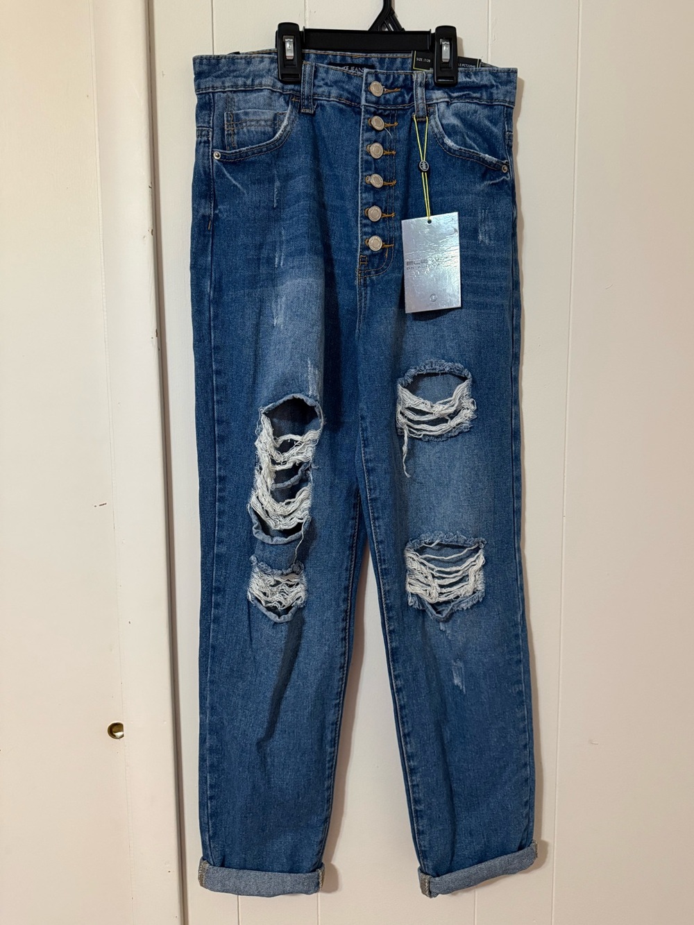 High-Rise Distressed Boyfriend Jeans in Dark Blue